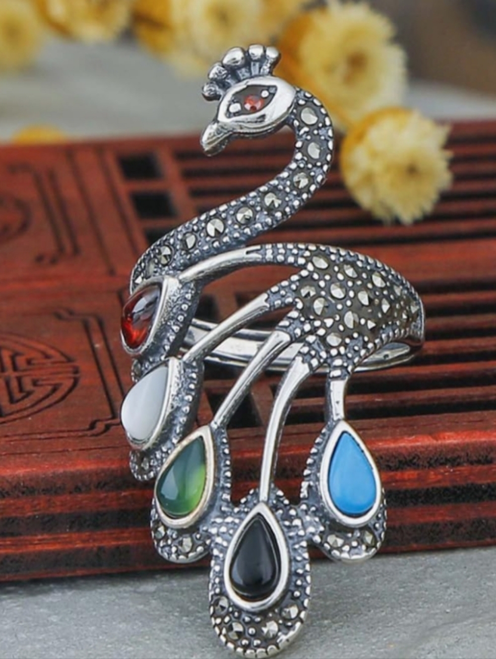 ,Silver Plated Peacock Ring with Red, White, Green, Blue & Black Accents